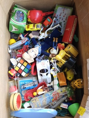 Box Of Vintage Mixed Toys - Norah Wellings Doll - Rubiks Cube + Push Puppet Lot