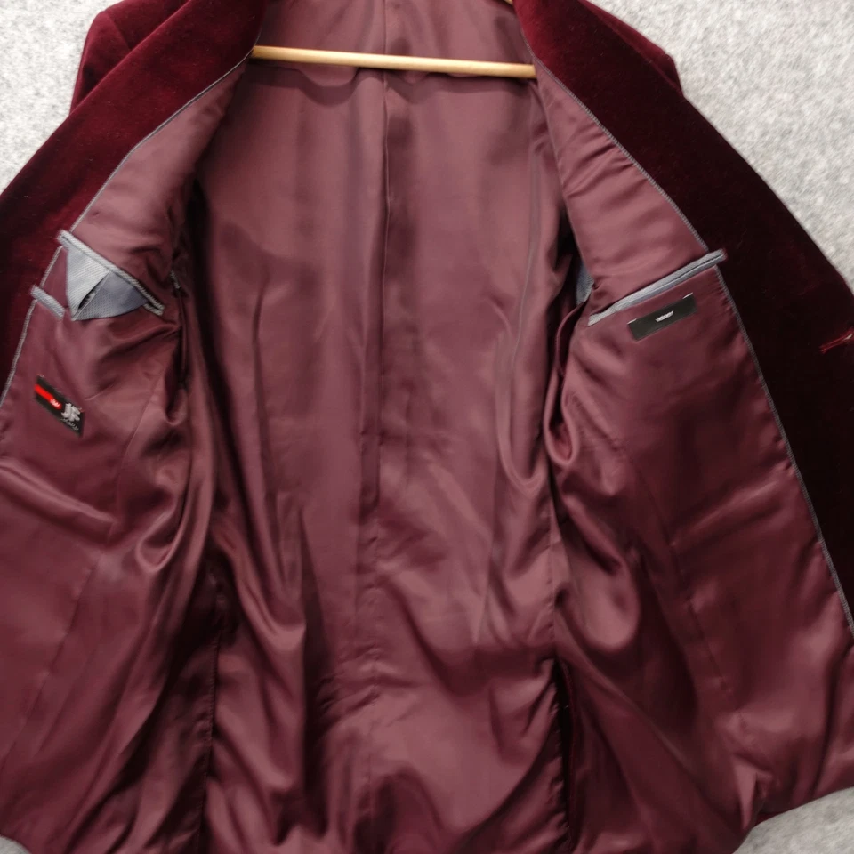 J Ferrar Slim Fit Velvet Blazer Mens 38R S Burgundy Dinner Jacket Holiday Wine - Image 3 of 4