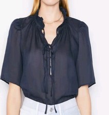 Frame Ramie Blouse Sheer Navy Ruffle Tie Fron...