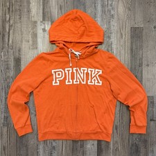 PINK Victoria s Secret Women s Full Zip Up Hoodie Size L Orange Logo Sweatshirt