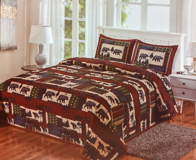 BLACK BEAR Wilderness Cabin Quilted Queen Size Blanket w/ Pillow Shams by DeLeon