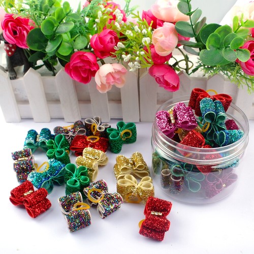 100pcs Christmas Pet Small Dog Hair Bows Rubber Band Cat Grooming Topknot Bow - Picture 9 of 12