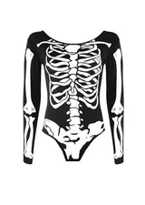 Womens Halloween Costume Ladies Skeleton Bone Leotard Bodysuit And Stockings