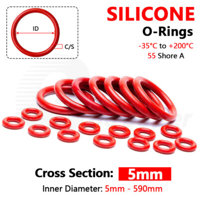 5mm Cross Section O-Ring Silicone Rubber Seals VMQ FOOD GRADE 5mm - 590mm ID Red