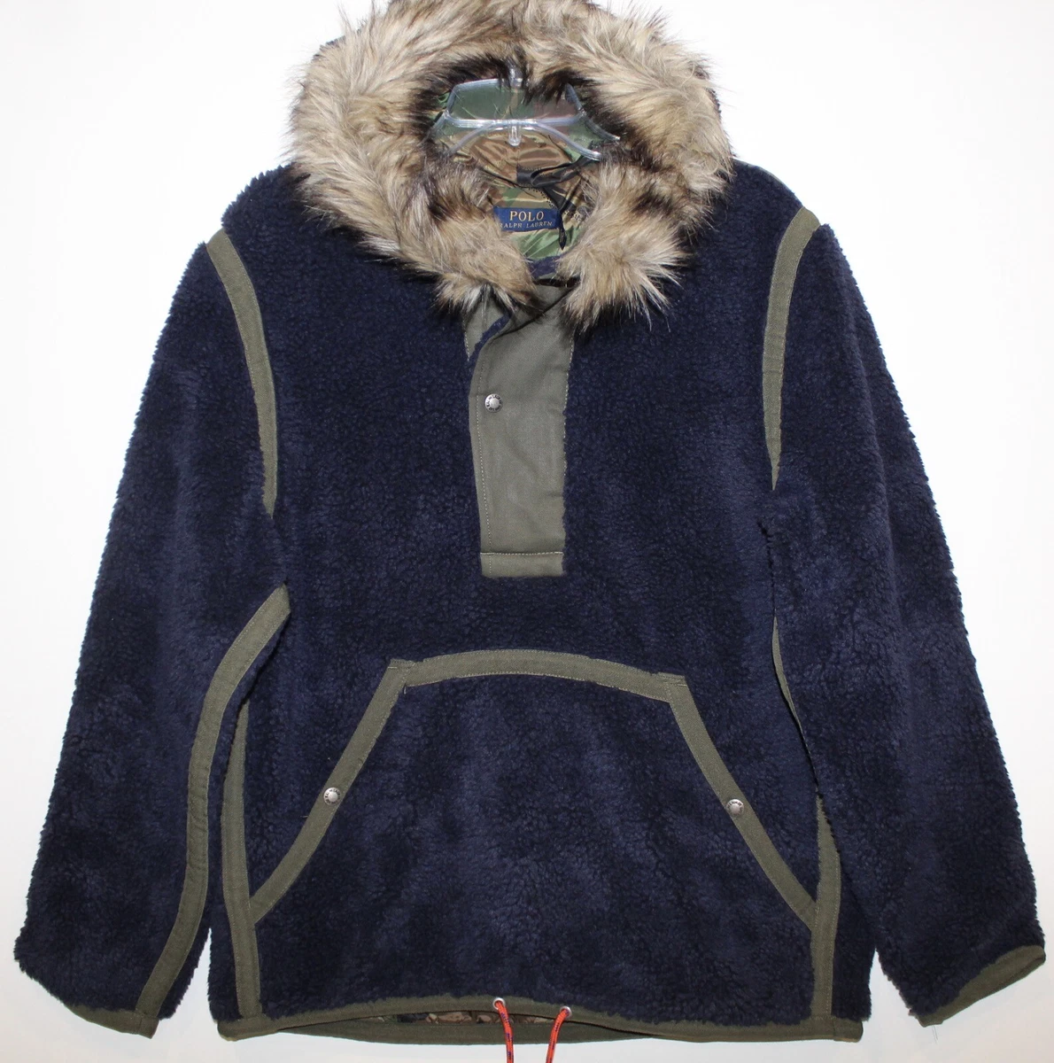 Polo Ralph Lauren Mens Navy Blue Fleece Faux Fur Hooded Jacket NWT 299 Size M