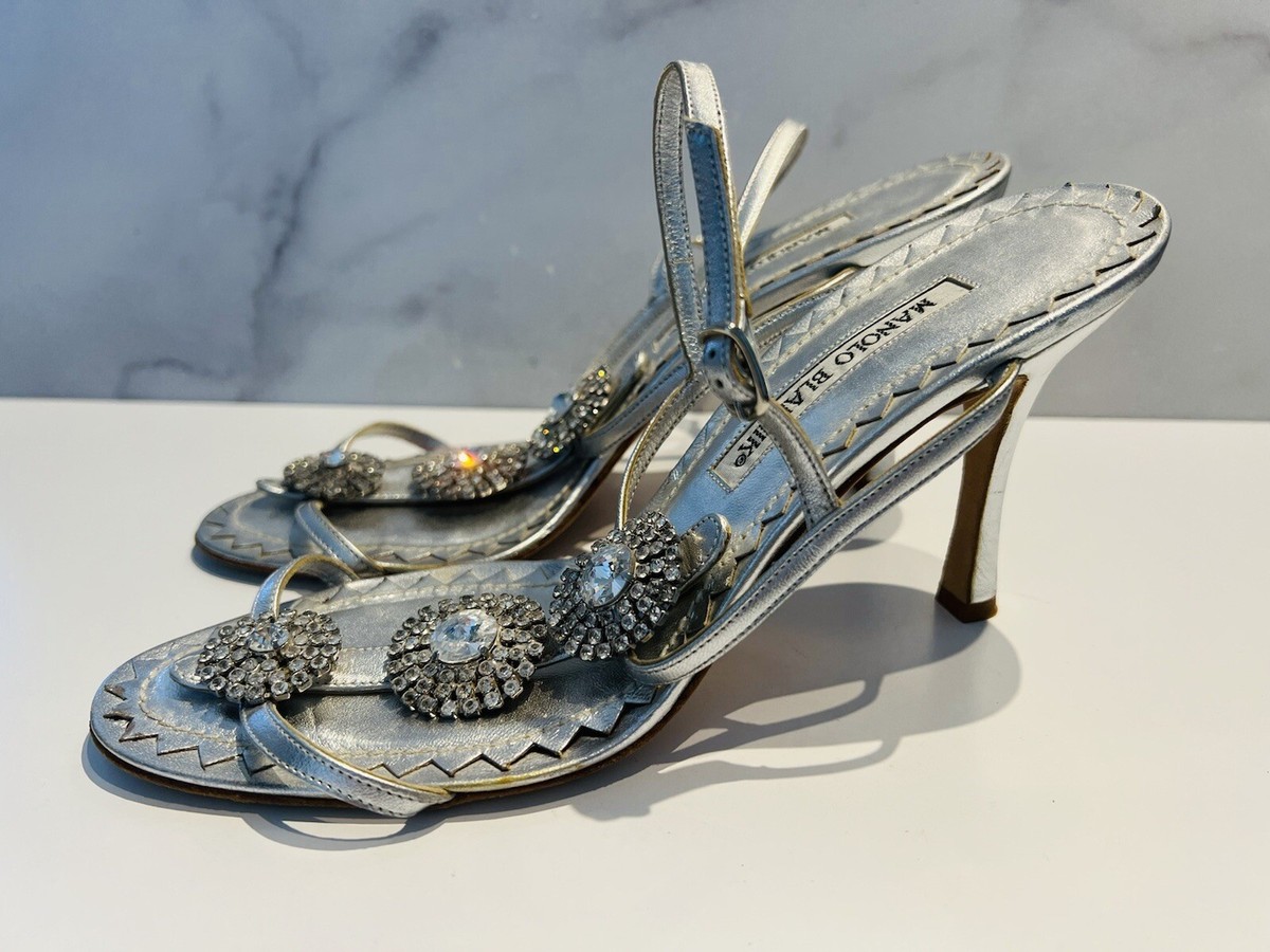 Manolo Blahnik Silver Leather Crystal Open Toe Strappy Manolo Blahnik Silver Leather Crystal Open Toe Strappy