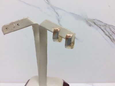 14K Tri Color ECHT GOLD Quadrat Creolen Huggies CLIP ON Diamantschliff Ohrringe 2,20gr