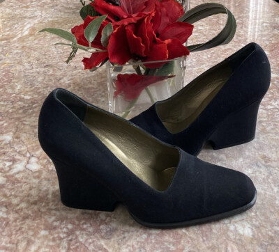 YSL Yves Saint Laurent Black Satin Cut -Out Wedge Pumps Size