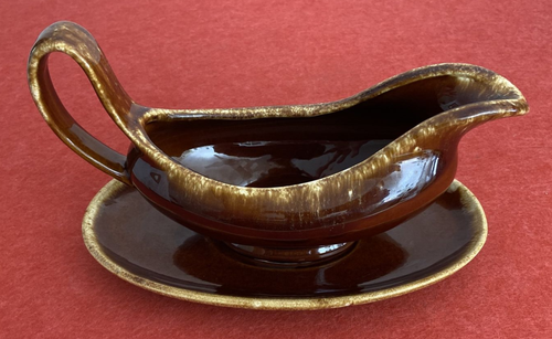 Vintage Glazed Ceramic Gravy Boat & Oval Saucer Pair Hull Ovenproof USA Crestone - Picture 4 of 13