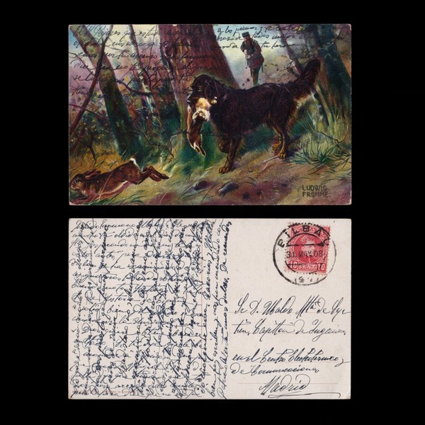 Postal Caza.sello 10c.Alfonso XIII.Matasello Bilbao 1908.