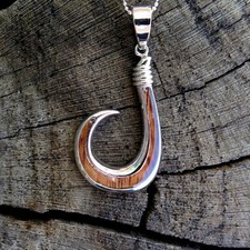 Koa Wood Hawaiian Wave Fish Hook Rhodium Silver Plated Brass Pendant BRP1088