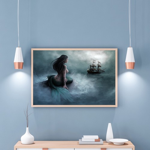Modern Painting Home Wall Decor Mermaid and Pirate Ship Canvas Art Print 20x26 - Picture 4 of 8