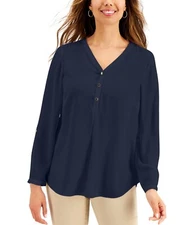 NWT JM Collection Women Blue Long Sleeve Blouse Sz PM, Intrepid blue