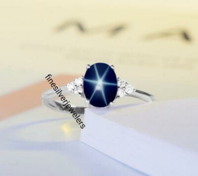 6 Star Sapphire Ring Sterling Silver 925 Blue Star Sapphire Ring 