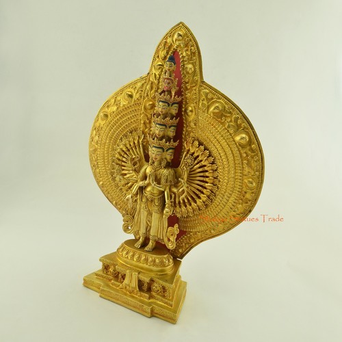 Estatua de cobre Avalokiteshvara/Chenrezig armada de oro 24 K cavada a mano 14,5" 1000 - Imagen 3 de 5