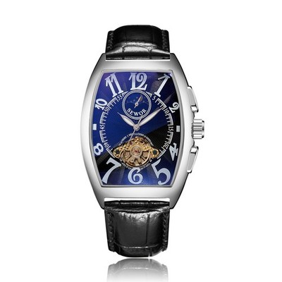 Men Moon Phase Automatic Mechanical Watch Black Face Leather Band Sport Watch
