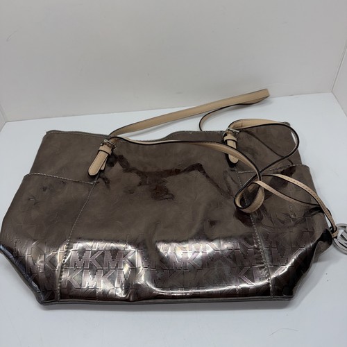 Michael Kors Logo Mirror Metallic Gold Bronze Monogram Tote City Bag Purse Large