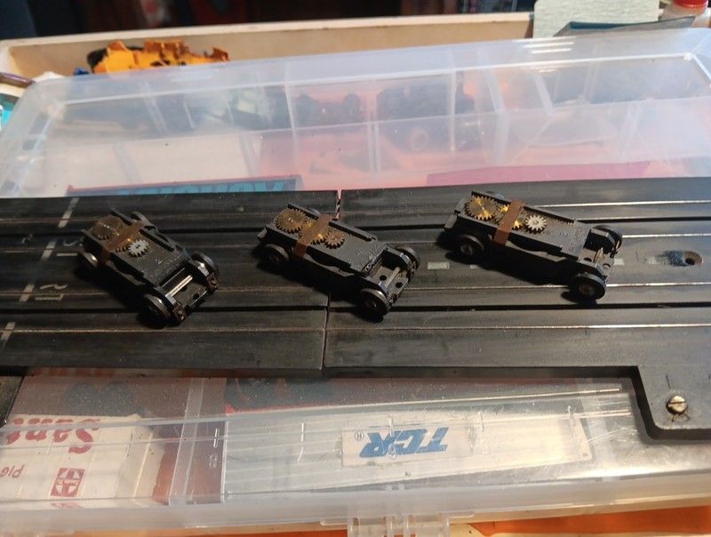 3 Vintage Running Aurora T Jet Closed Rivet Chassis