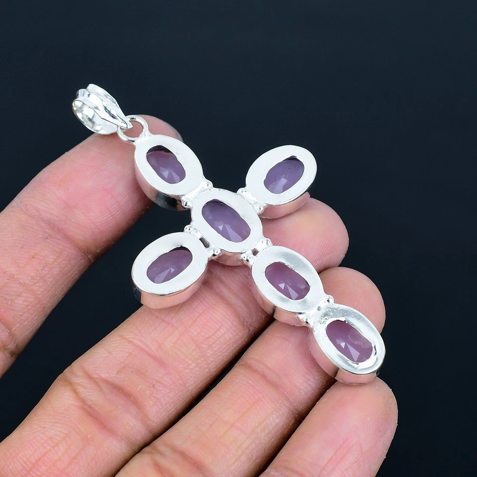 Ciondolo croce regalo ovale pietra preziosa argento sterling 925 calcedonio... - Immagine 4 di 4