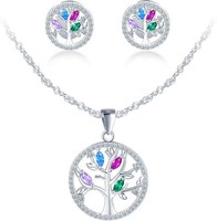 925 Zirkonia Lebensbaum Schmuckset Damen Lila Blau Rot GrüN Kette Ohrstecker
