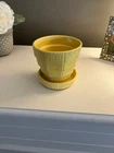 McCoy Pottery Basket Weave Planter Attached Saucer Flower Pot Vintage Yellow