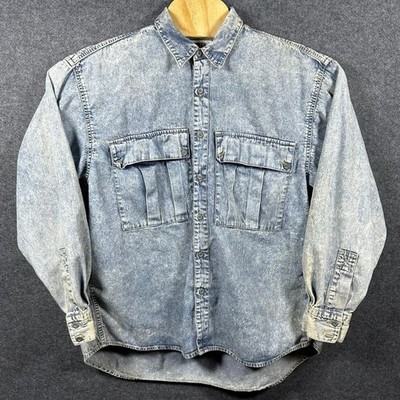 Vintage EDWIN Acid Wash Denim Button Up Shirt Men's XL Long Sleeve Two Pocket