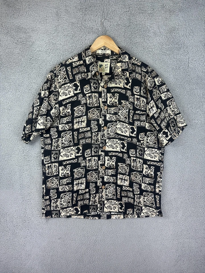 Vintage M.E. Camisa Deportiva Para Hombre Mediana Negra Beige Rayón Hawaiana Tiki Camp Block Foto 2 de 4