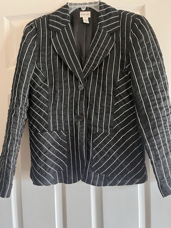 Women’s Chicos Black/white Stripe Jacket / 2 Button Front / 2 Pockets Size 1