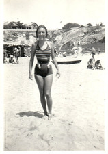 1940s Woman In Striped Swimsuit On Sunny Beach Seaside Summer Vintage Photo