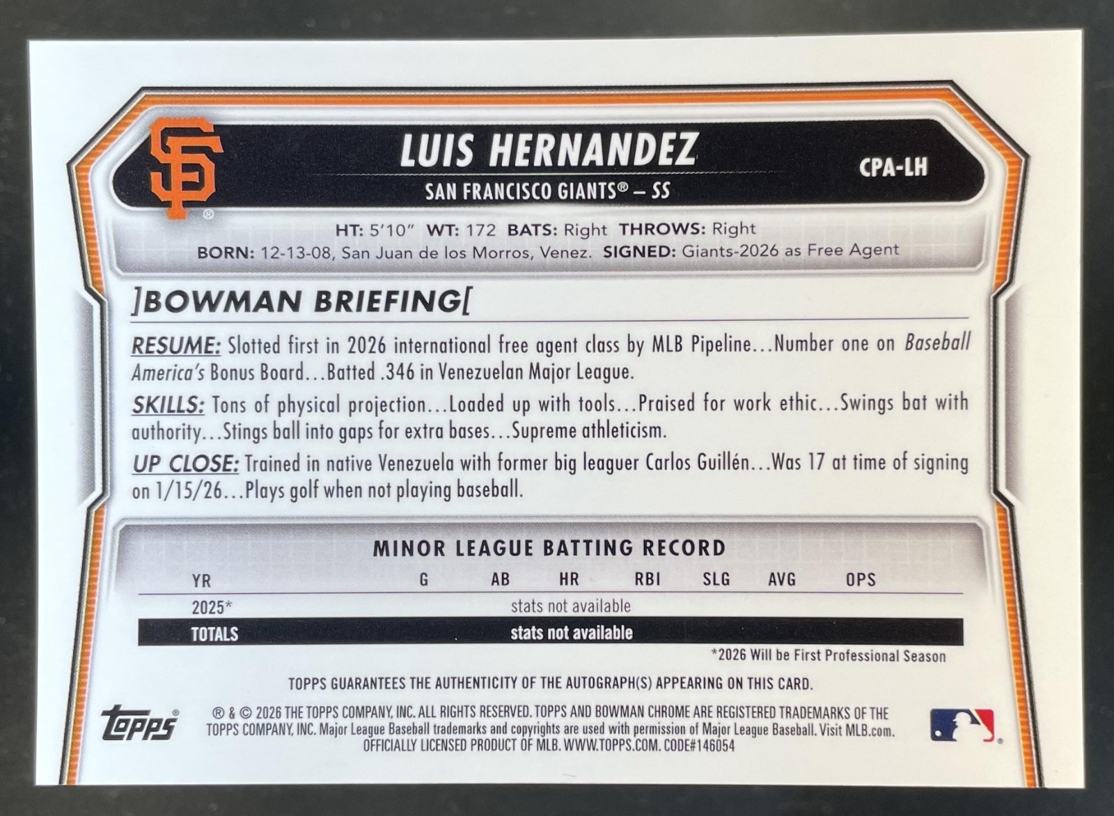 2026 Bowman Chrome Luis Hernandez Auto Black Refractor 1st Prospect #/10 Giants view 2