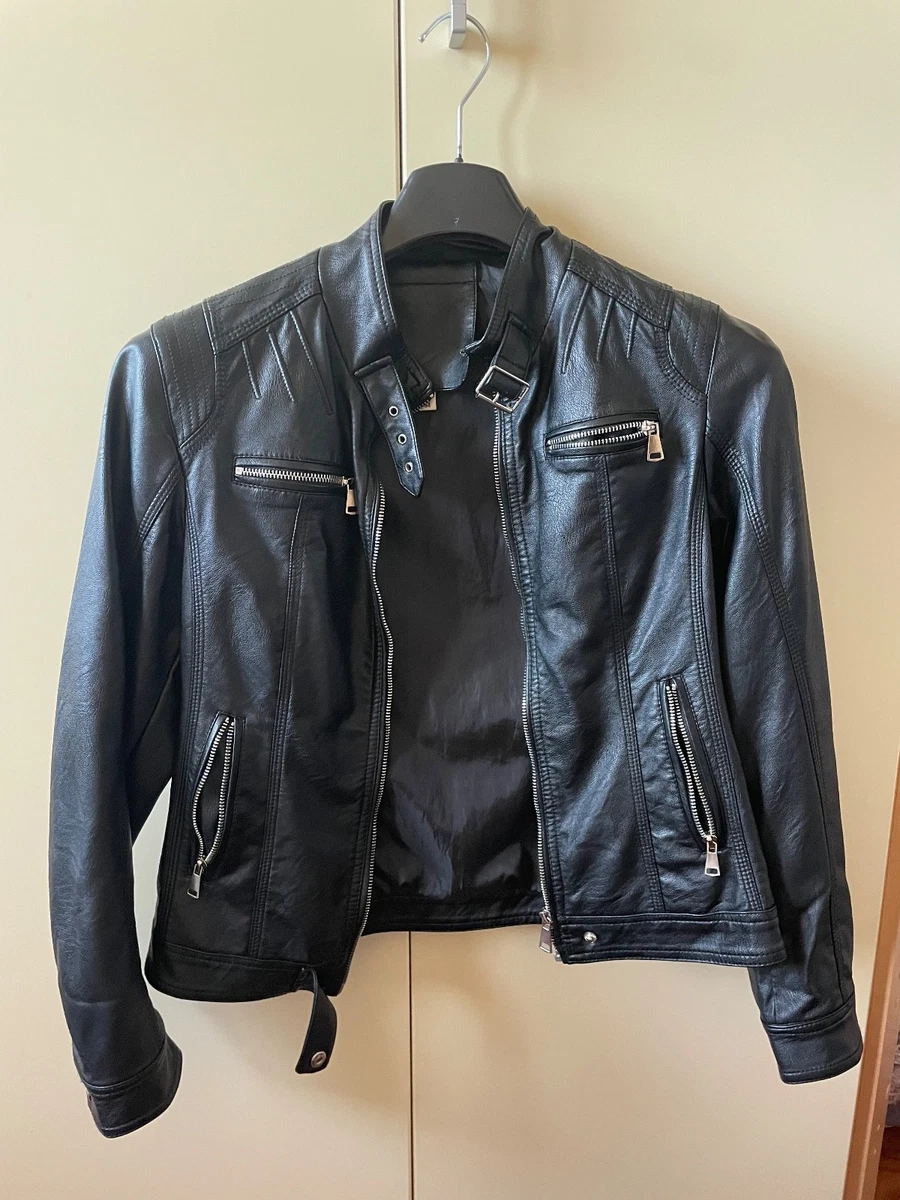 Giacca Moto Donna In Ecopelle Testurizzata – Corta Biker Con Cerniere, Nero, XXL