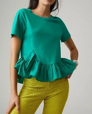 Maeve Anthropologie Ruffle-Hem Blouse Top Solid Green High Low XXS NWT 258492