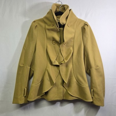BCBG Stylish Women'sCamel Double-Breasted Ruffle Peacoat WoolGreen Ochre Medium