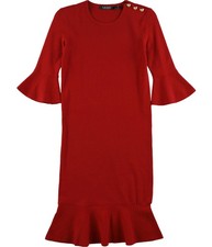 Ralph Lauren Womens Solid Ruffled Dress, Red, XX-Small