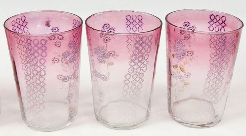 Antique Victorian Painted Enamel Glass Pitcher Set 6 Tumblers Clear Pink Floral - Picture 6 of 10