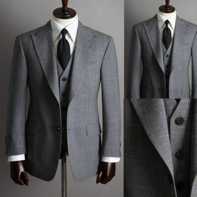 Grey Check Men's Suit Single Breasted Business Peak Lapel Regualr Fit Custom
