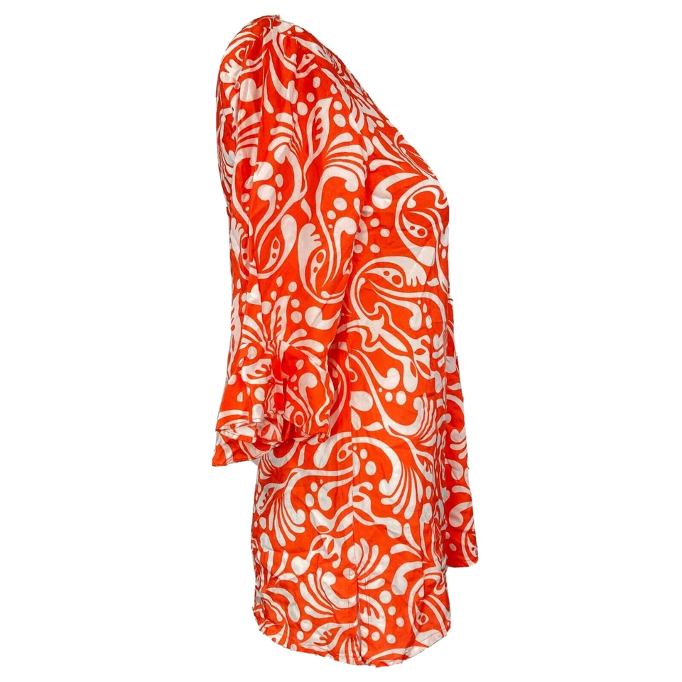 Camisa Escapada para Mujer Talla XS Naranja Blanco Estampado Volantes Manga Campana Tejido Top Foto 2 de 4