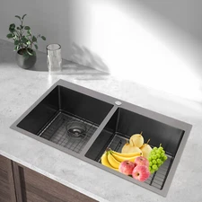 Dual Bowl Stainless Steel Kitchen Sink Rectangular Kitchen Sink w/ Drainage Grid