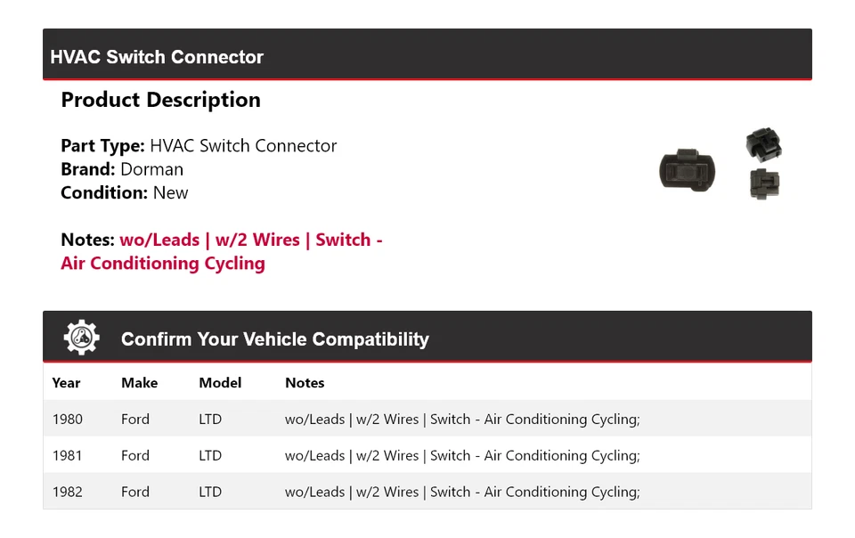 Conector de interruptor de climatización 1981 para Ford LTD Dorman 1980-1982 Foto 2 de 4