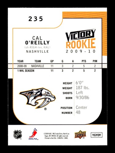 5-01-04 PWE . 2009-10 victory upper deck rc rookie #235 cal o'reilly - Picture 2 of 2