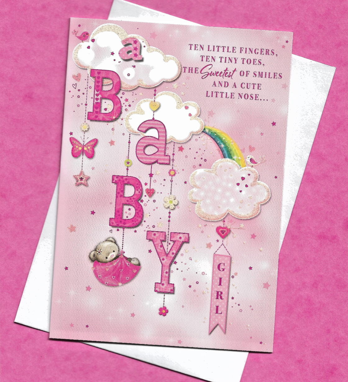 New Baby Girl Card Arrival Congratulations  Lovely Message Verse Rainbow 19x13cm