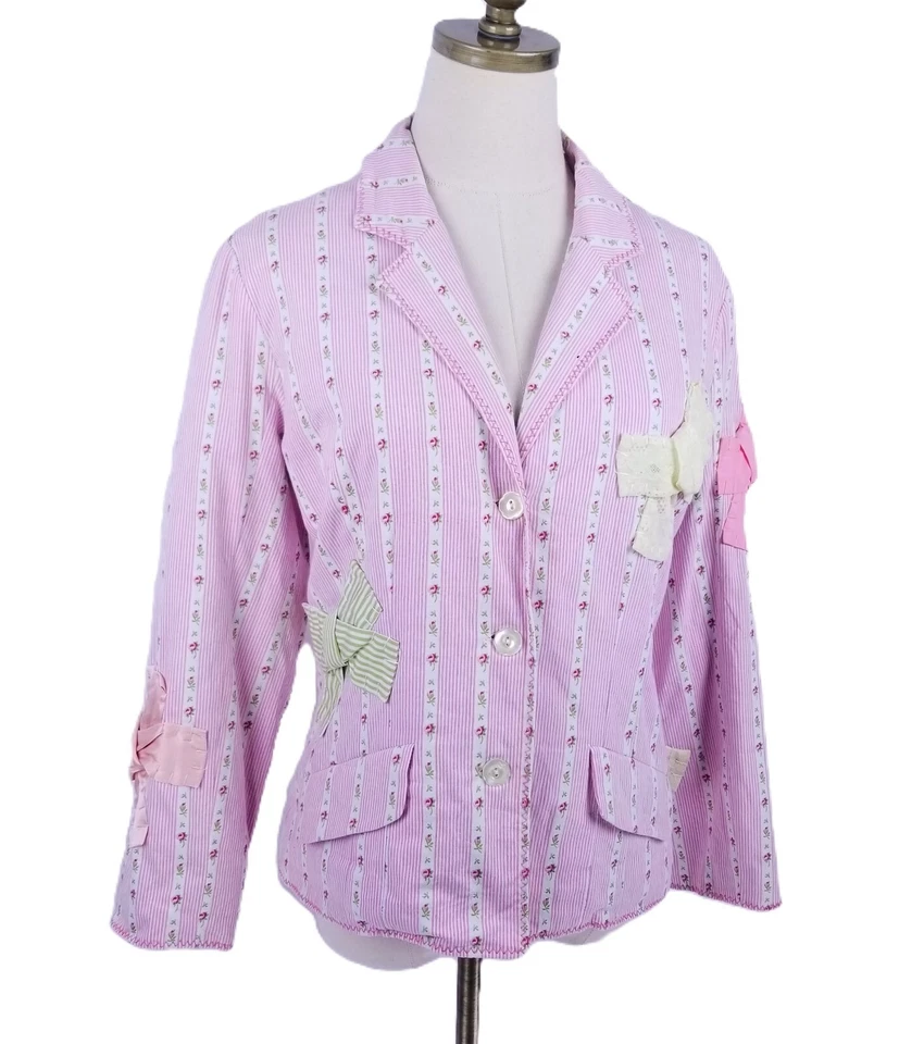 Chaqueta Elevenses Anthropologie Floral Rayas Talla 8 Rosa Blanco Cinta Lazos Foto 2 de 4