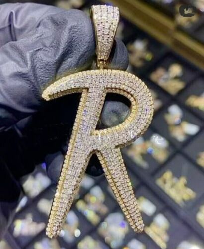 3Ct Round Cut Real Moissanite Men's "R" Initial Pendant 14K Yellow Gold Plated - Picture 3 of 5