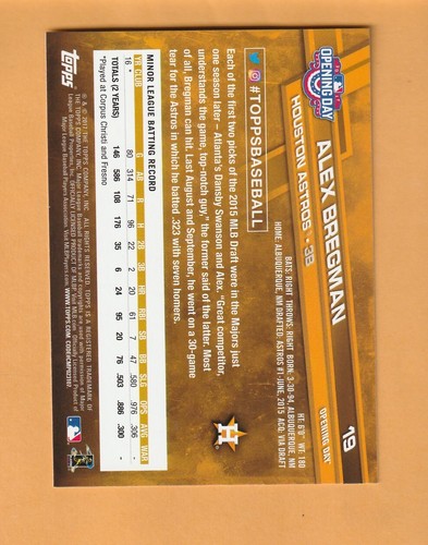 Alex Bregman Houston Astros 2017 Topps Opening Day #19 RC Rookie LSU Tigers 7J - Picture 2 of 2