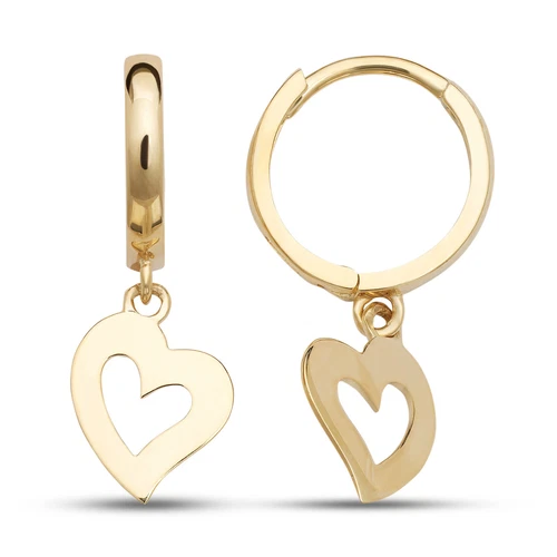 14k Yellow / White Gold Dangle Open Heart Huggie Earrings - Picture 1 of 1
