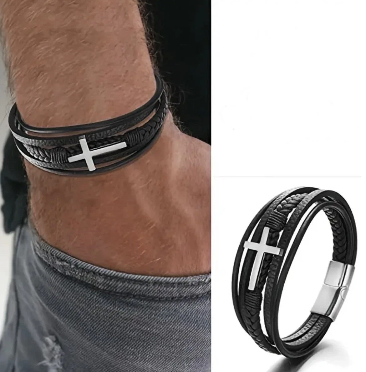 Fleur De Lis Armband, Kreuzarmband, Herren Kreuz Lederarmband, Geflochtenes Lederarmband, Statement Armband Für Männer, Griechischer Schmuck