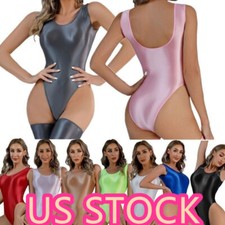  Women Shiny Glossy Babydoll Lingerie Bodysuit High Cut Thong Leotard Swimsuit