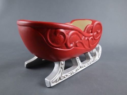 VINTAGE HOLLAND MOLD CHRISTMAS SLEIGH SANTA PLANTER TABLE CENTERPIECE RED SILVER - Picture 7 of 13