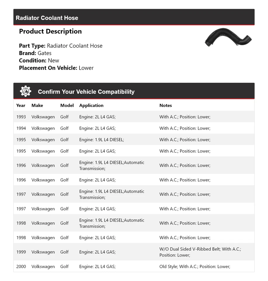 Manguera de refrigerante de radiador para Volkswagen Golf 1993-2000 puertas inferiores 1994 1995 1996 Foto 2 de 4