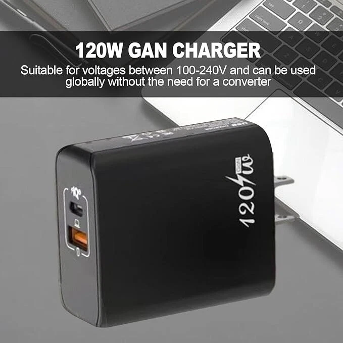 Universal 120W GaN Dual Port Fast Charger+20W USB Type-C Cable (C-to-L) [Black] - Image 3 of 4